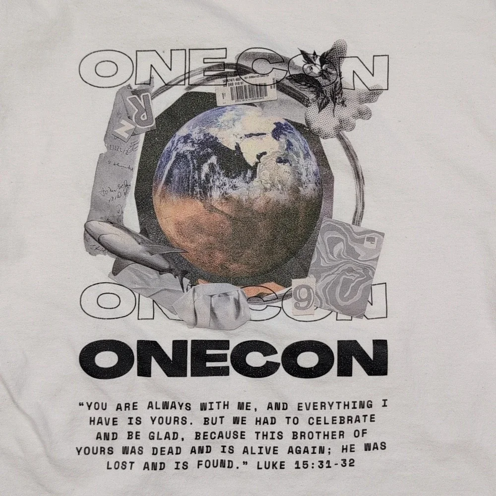 Champion White Graphic T-Shirt Small ONECON Earth World Graphic Faith Based Tee - Picture 9 of 12